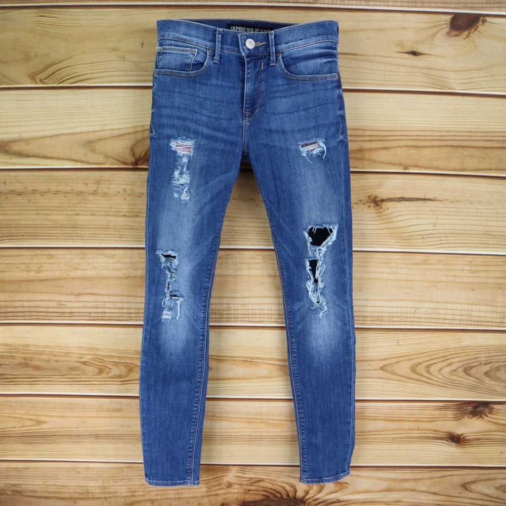 Express Jeans Legging Mid Rise Womens Size 4R Blue Faded Distressed Denim